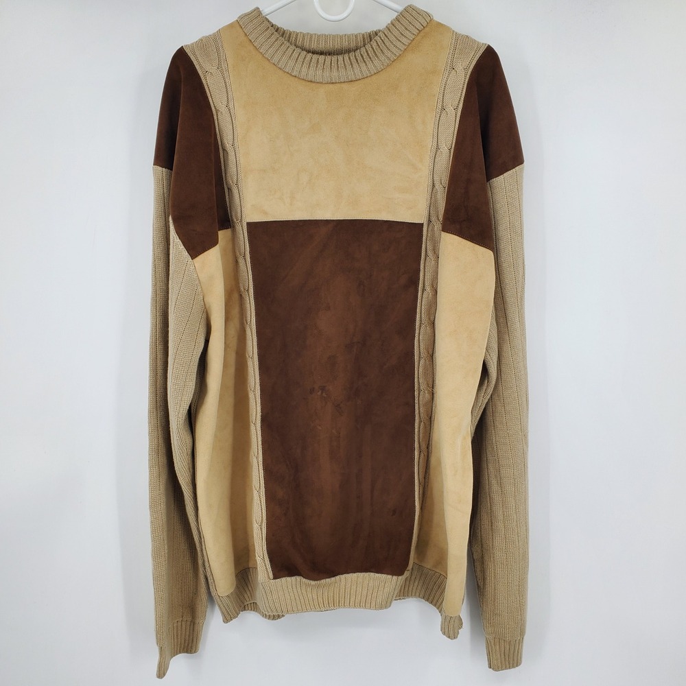 Peletti Mens 4XL Faux Suede Colorblock Cable Knit Crewneck Sweater Brown Tan Y2k